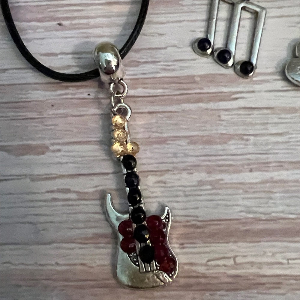 NWT Silvery Guitar Pendant Necklace and Music Note Earrings SET
